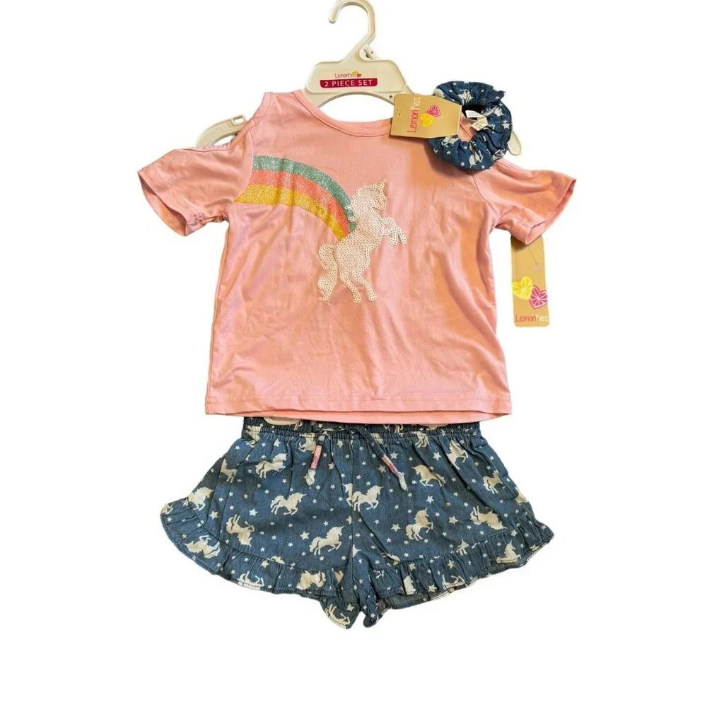Lemon Kiss Girls Unicorn Tee/Shorts Matching Hair Tie Cold Shoulder Size 5